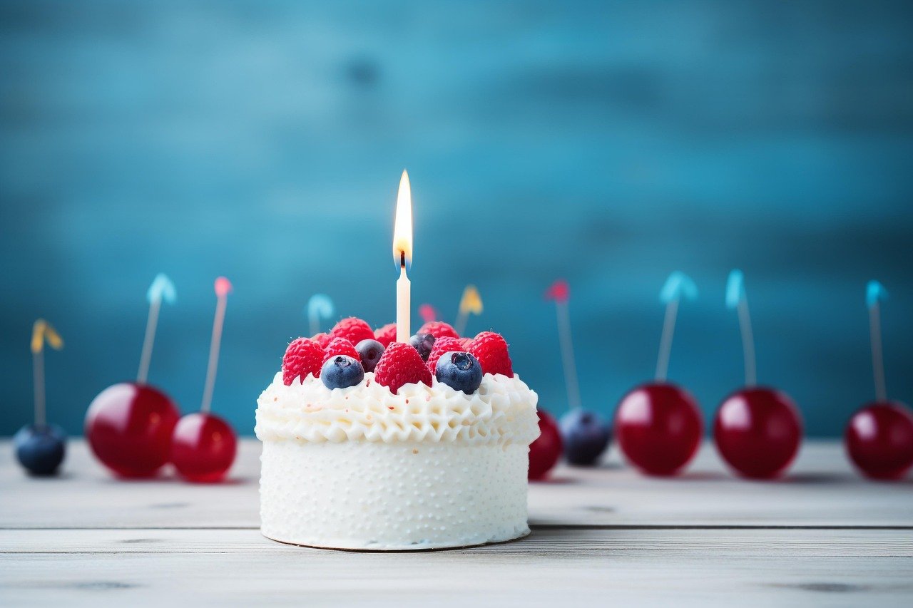 cake, berries, happy birthday, candle, sponge cake, sweet, delicious, fruits, celebration, red velvet, party, celebrate, event, dessert, ai generated
