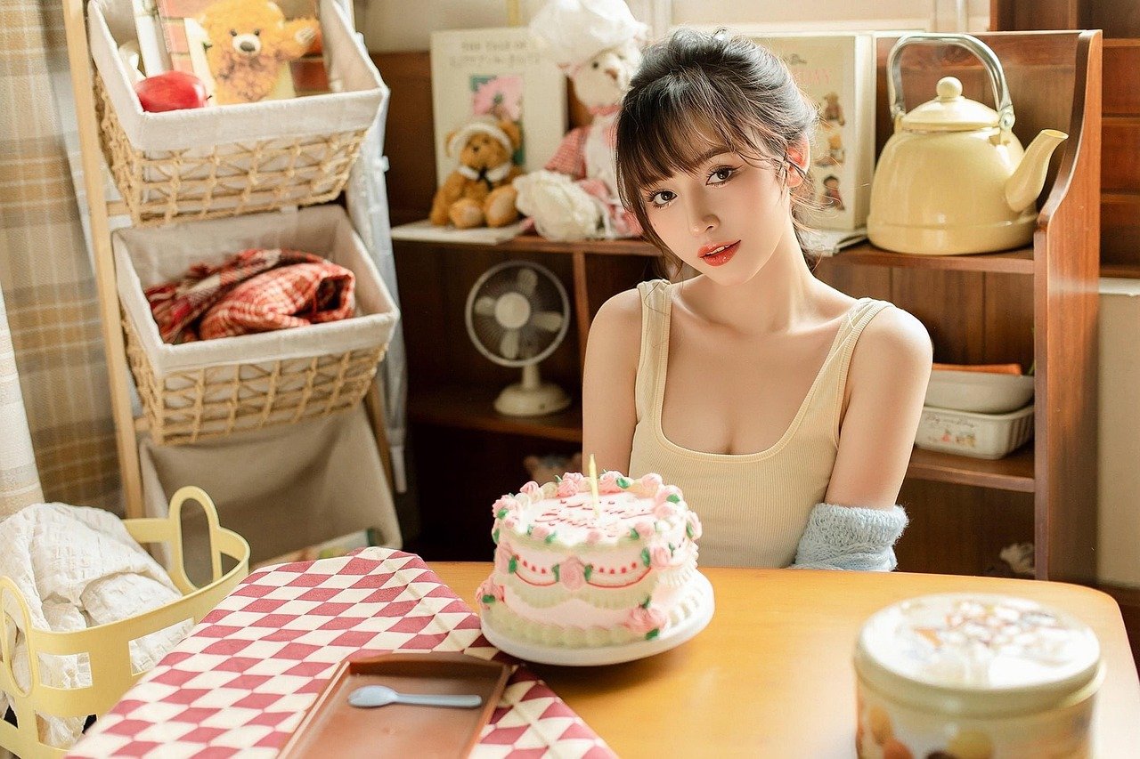 woman, cake, happy birthday, candle, home, party, celebration