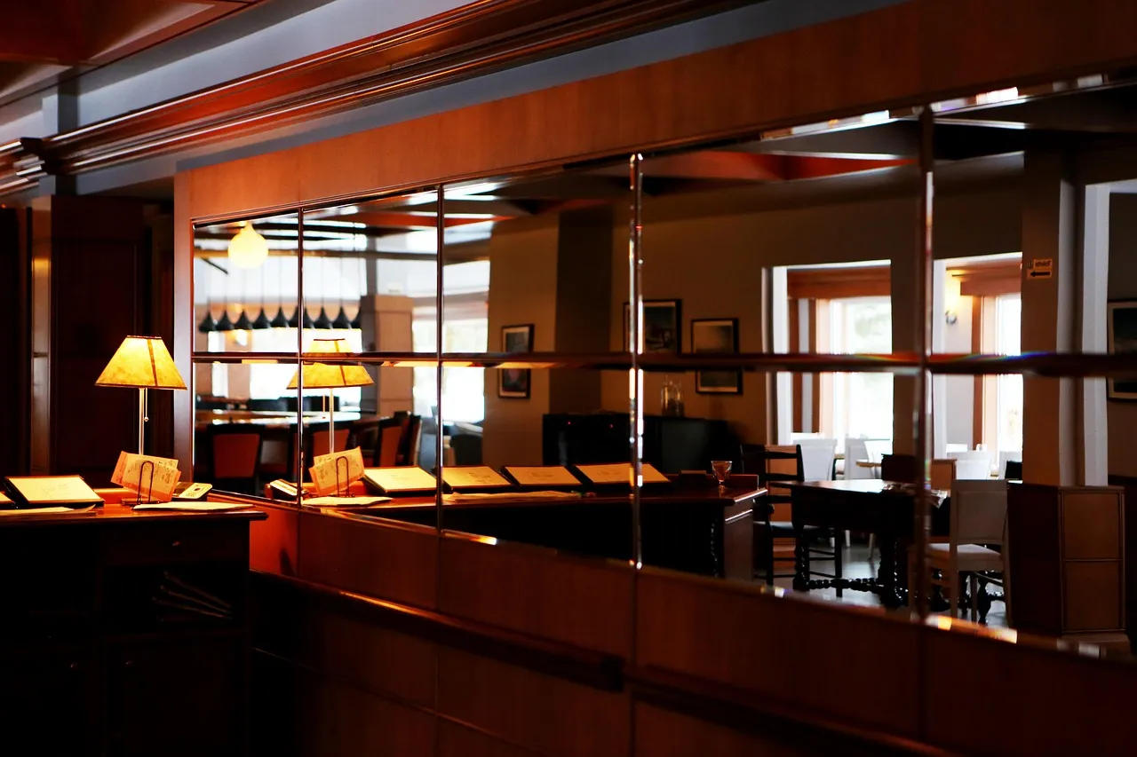 architecture, bar, chairs, counter, furniture, home, house, indoors, interior design, reflection, restaurant, room, table, windows, wood