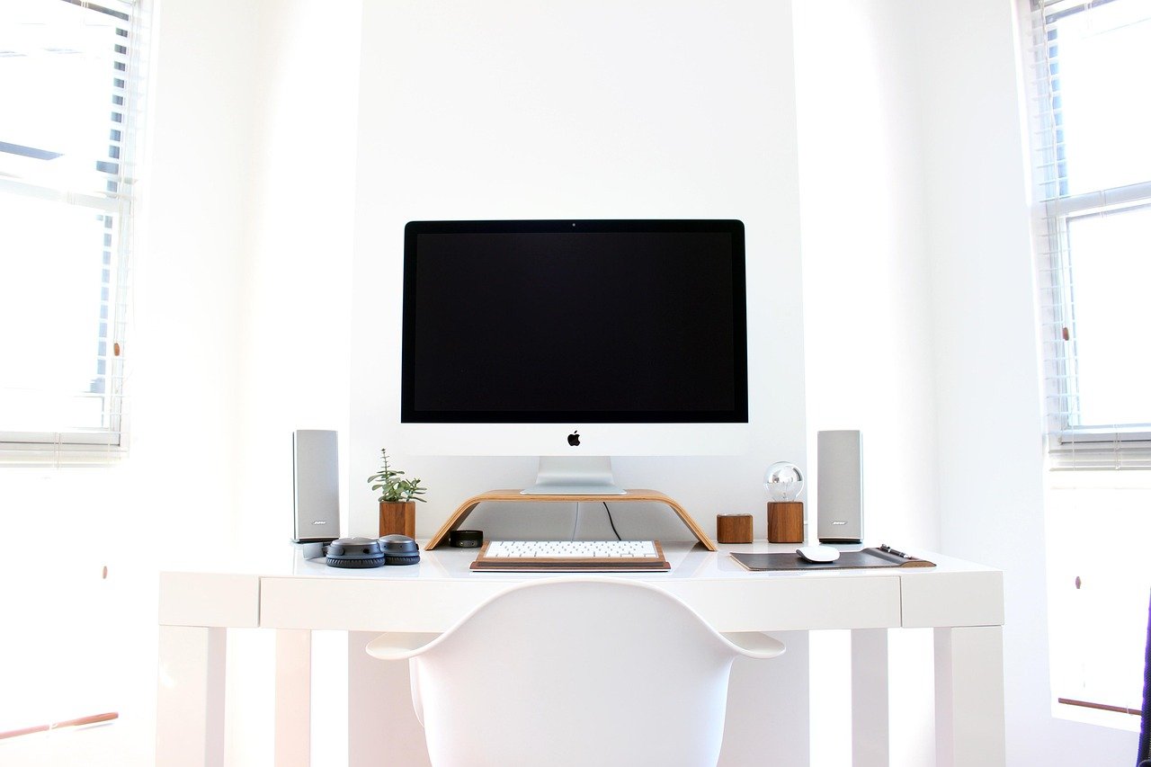 apple, chair, computer, desk, table, technology, workspace, pc, home office, workstation, computer, computer, computer, computer, computer, desk, technology, home office