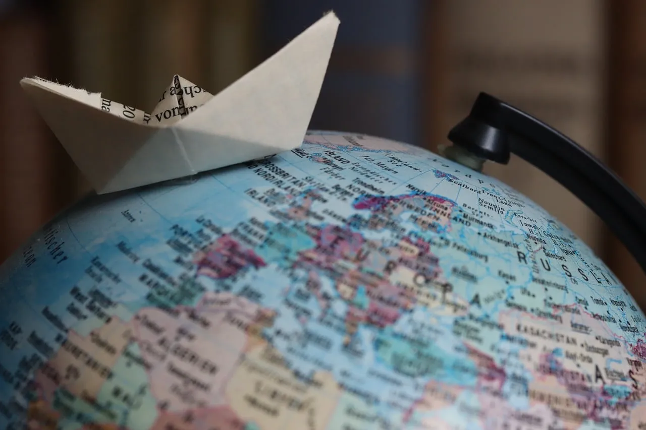 world travel, ocean, boat, ship, globe, atlantic, paper, nature, oregami, symbol, close up, paper ship, paper boat, folds