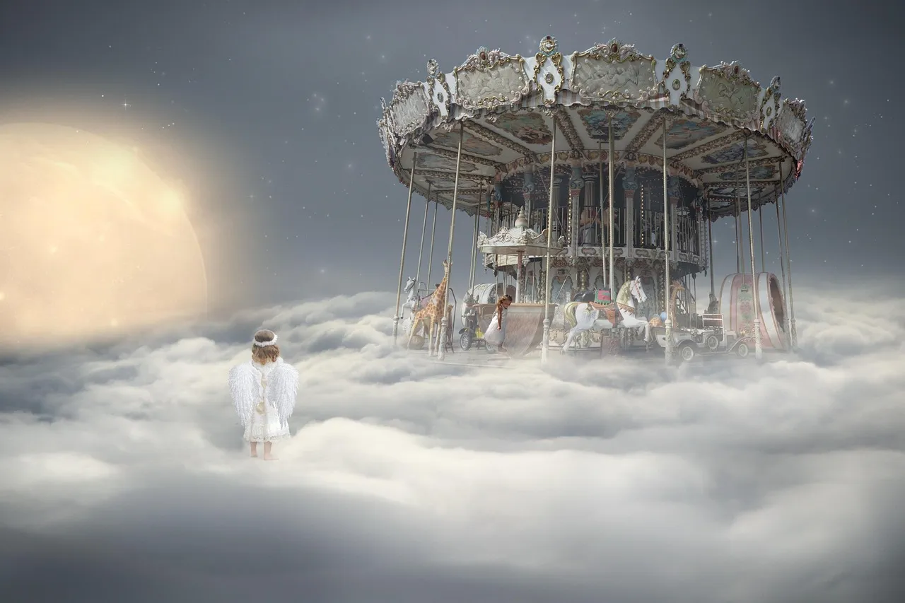 fantasy, composing, nature, clouds, heaven, moon, carousel, angel, children, dreams