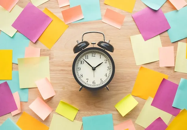 Inspiration ideas concepts with watch and colorful notepaper on wood tablenobody