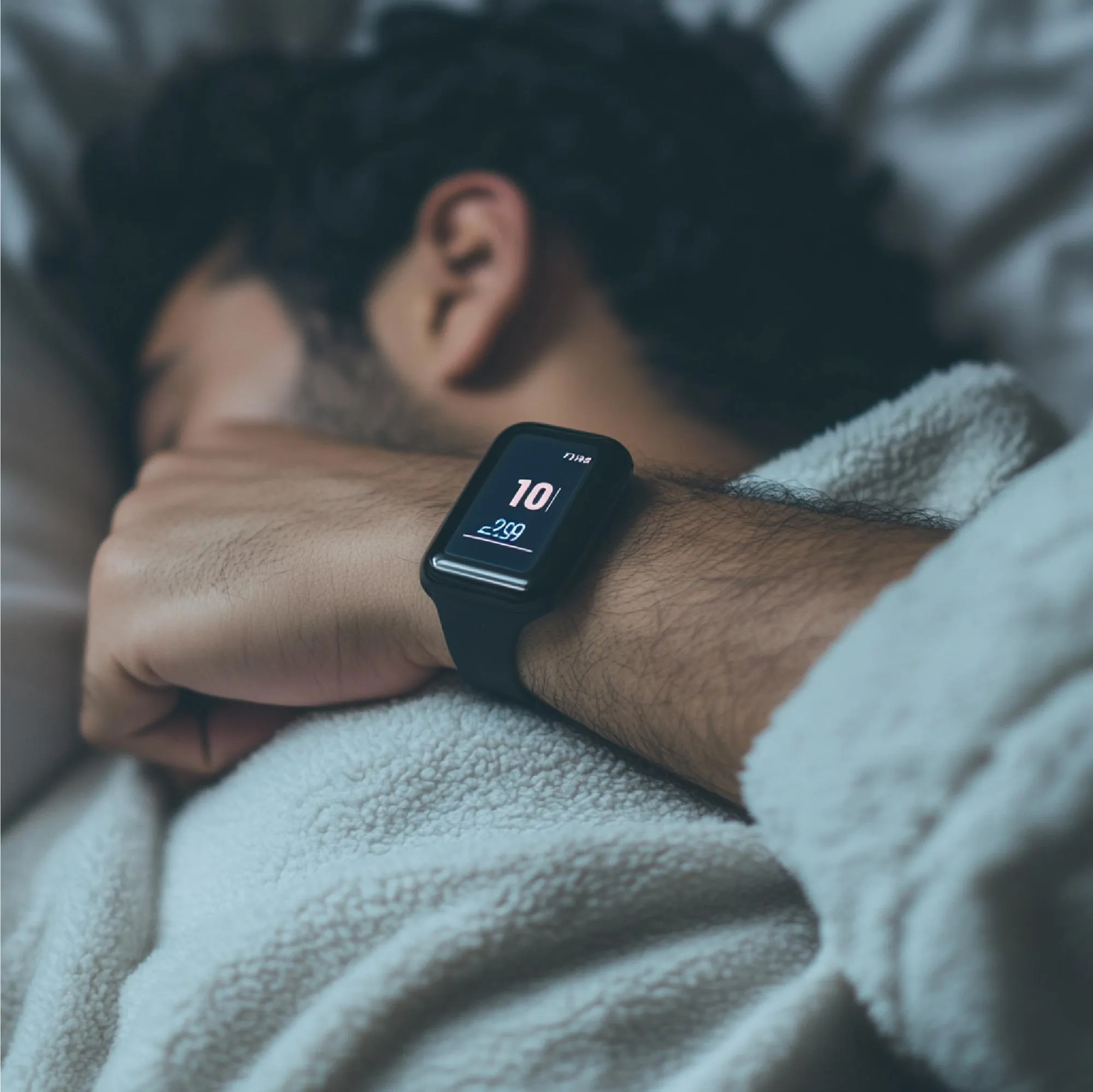 A man using a smartwatch to monitor his sleep patterns tracking duration and quality of rest for op