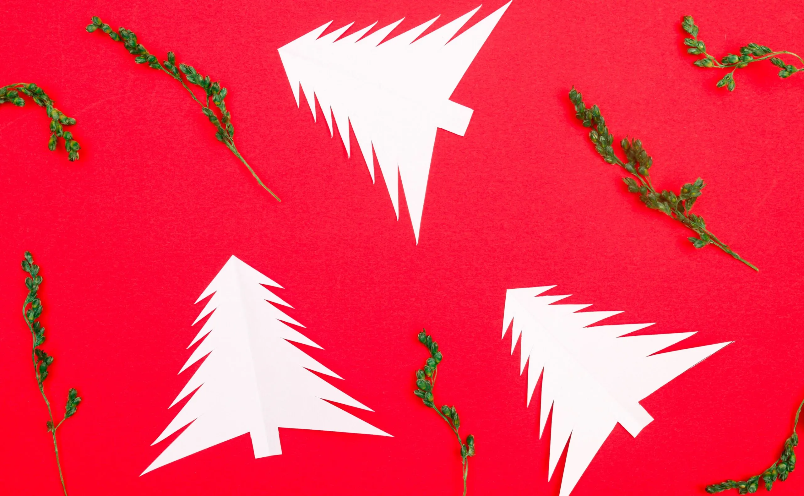 White paper Christmas tree cutouts arranged on a vibrant red background with green floral elements.