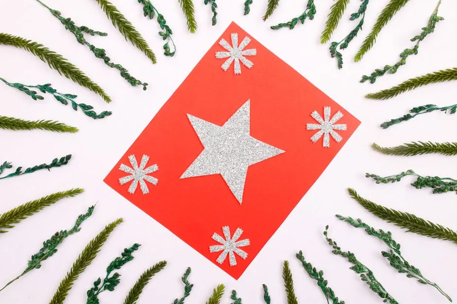 A silver glitter star with decorative ferns on a vibrant red paper background, perfect for festive celebrations.
