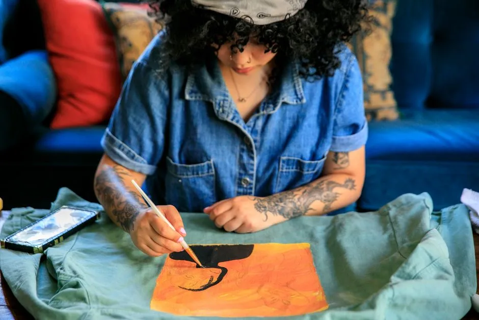 Woman artist painting on fabric indoors. Creative and relaxed atmosphere with artistic expression.
