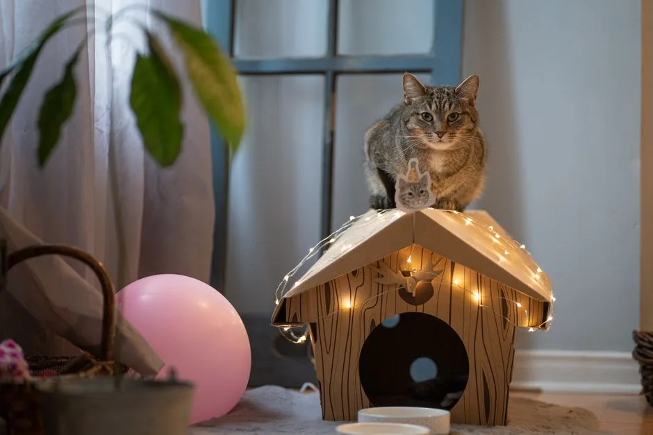 Cute tabby cat perched on a lit cardboard house indoors, surrounded by whimsical decorations.