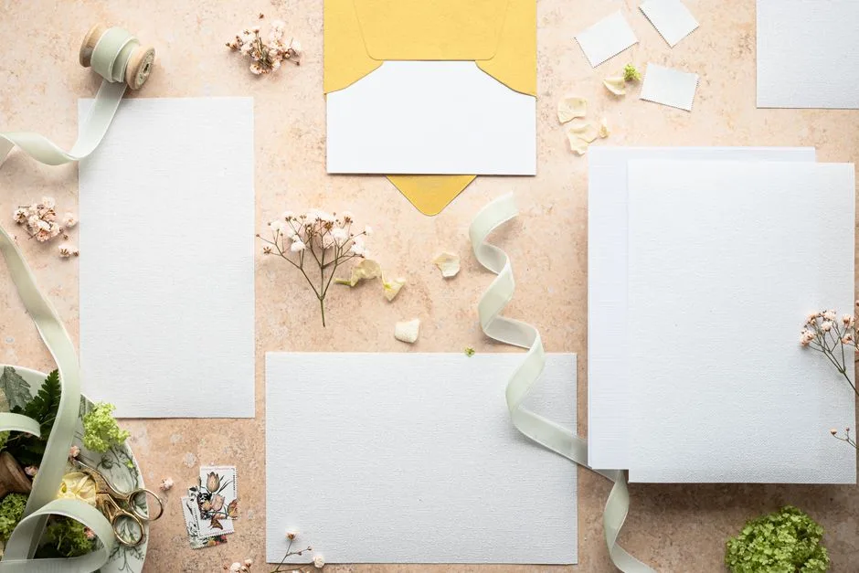 Flat lay of wedding invitation set with flowers and ribbon, perfect for elegant events.