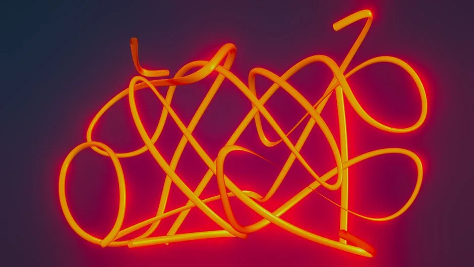 Abstract neon art display with glowing orange tubes against a dark background.