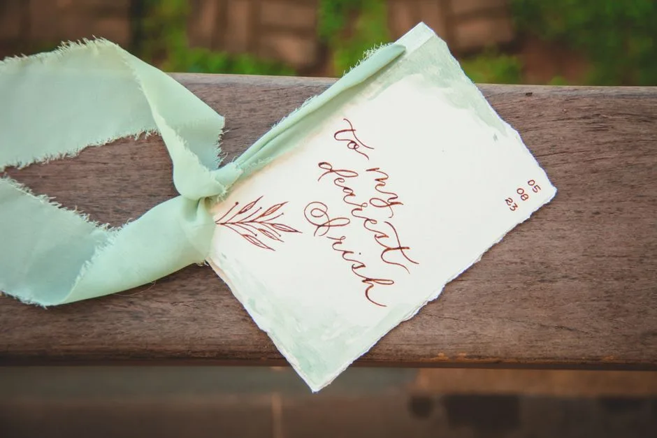 An artistic shot of a vintage handwritten letter with a green ribbon on a wooden surface.