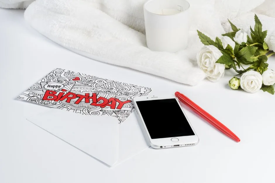 Elegant composition featuring a birthday card, smartphone, candle, and white roses for a stylish greeting.