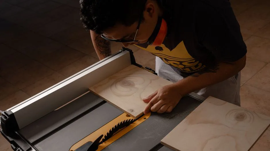 A carpenter uses a table saw to cut wooden planks in a workshop setting, demonstrating skilled woodworking.
