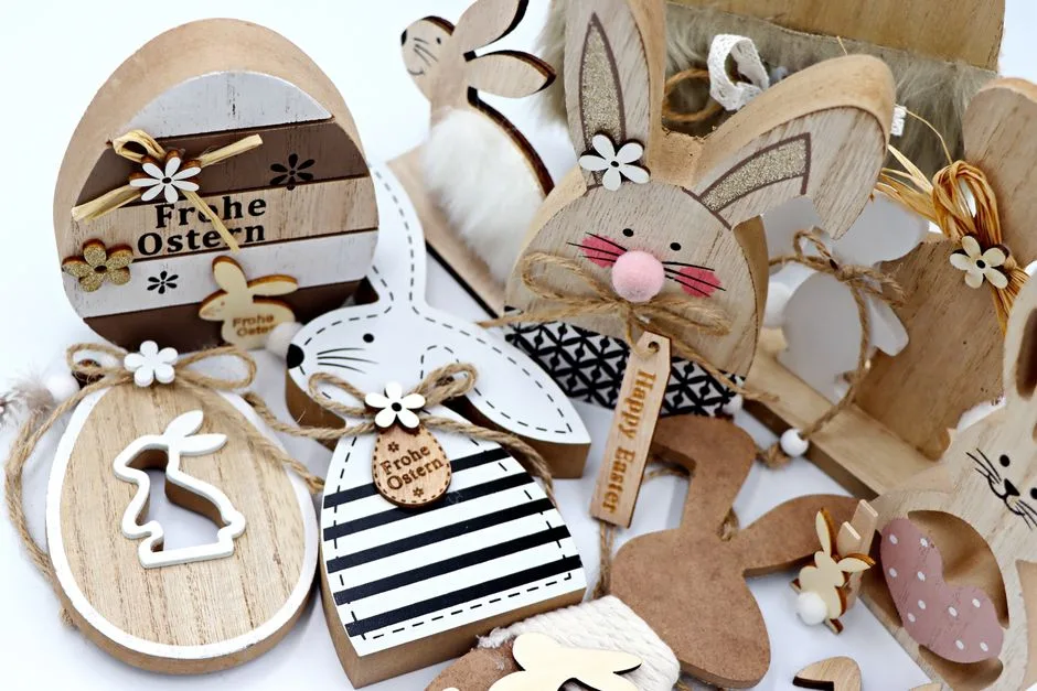 Charming Easter-themed wooden crafts featuring bunnies and eggs, perfect for rustic and eco-friendly decoration.