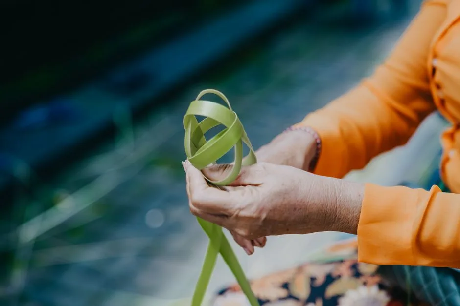 Close-up of elderly hands weaving a palm leaf basket outdoors, highlighting traditional craftsmanship.