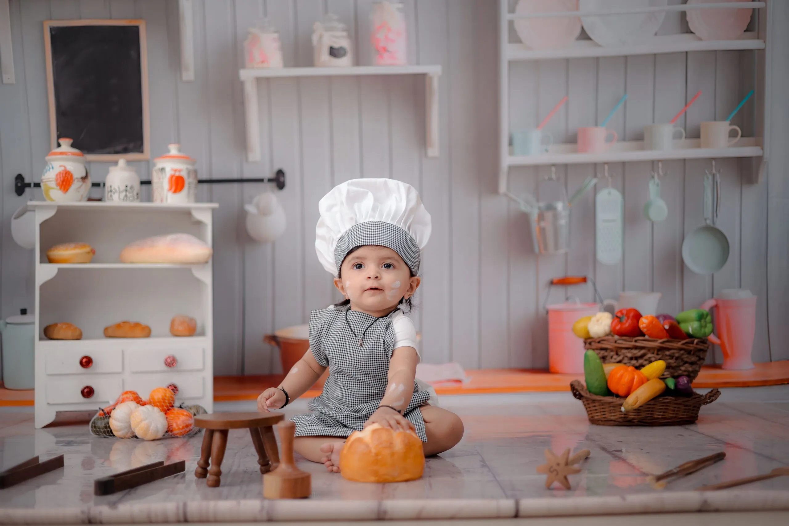 Cute baby dressed as a chef playing with bread and vegetables in a toy kitchen setting.