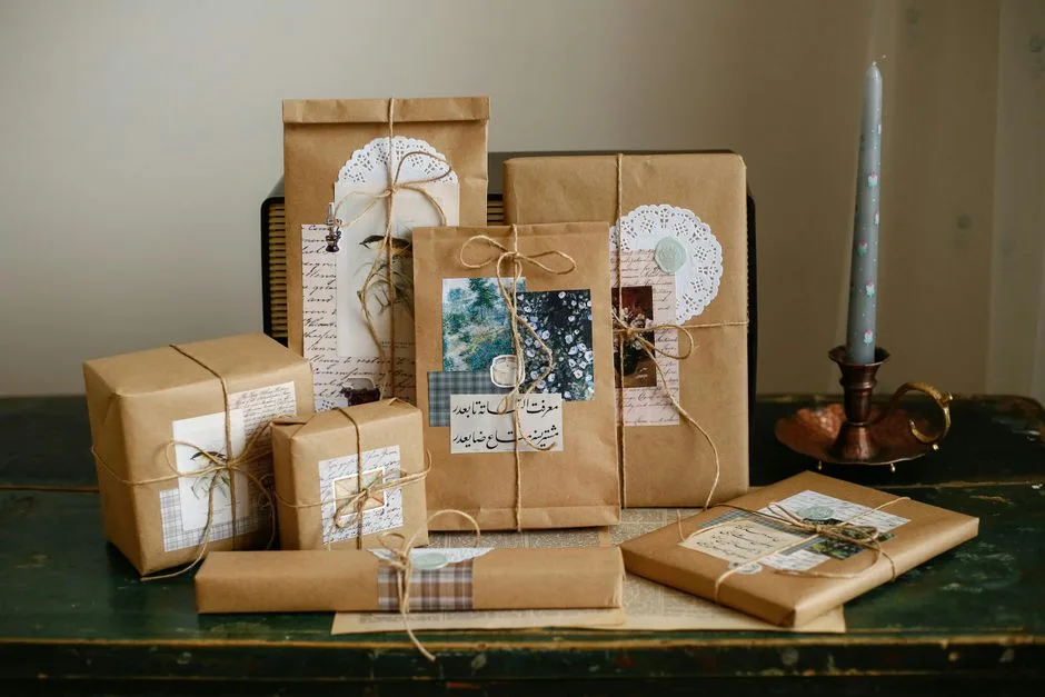 Beautifully wrapped gifts in brown paper with vintage decor and twine, creating a classic look.