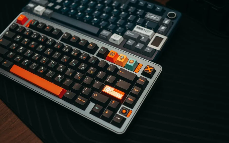 Close-up of colorful mechanical keyboards on a desk, showcasing unique keycaps and modern design.