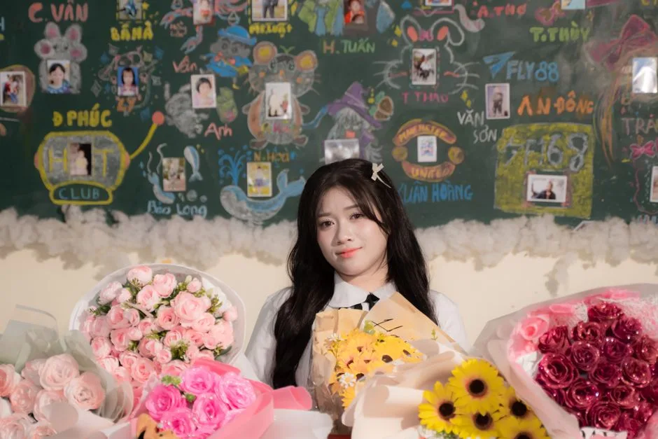 A young woman poses with vibrant bouquets of flowers against a colorful classroom blackboard.