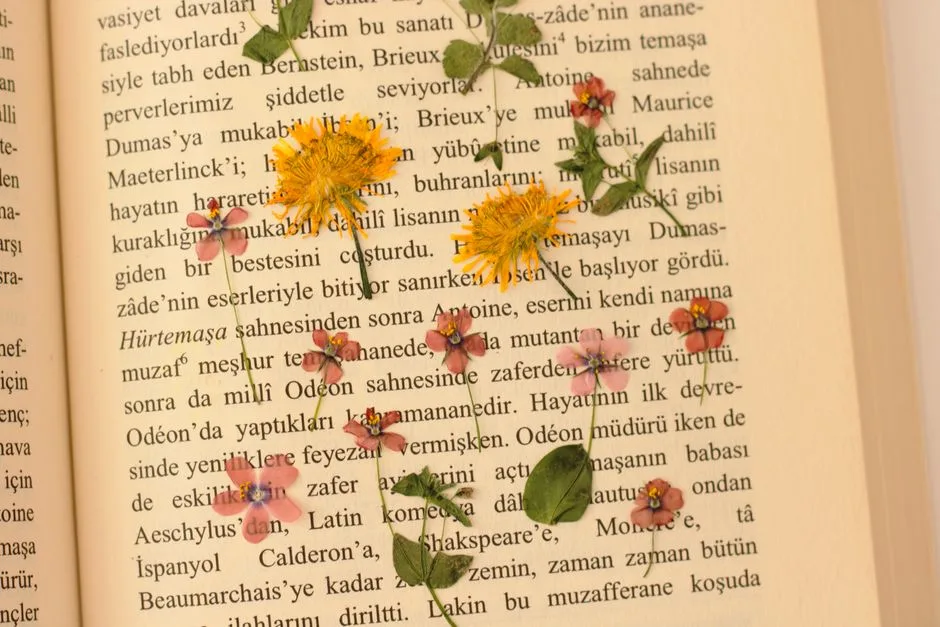 Colorful pressed flowers arranged on an open book page with text.