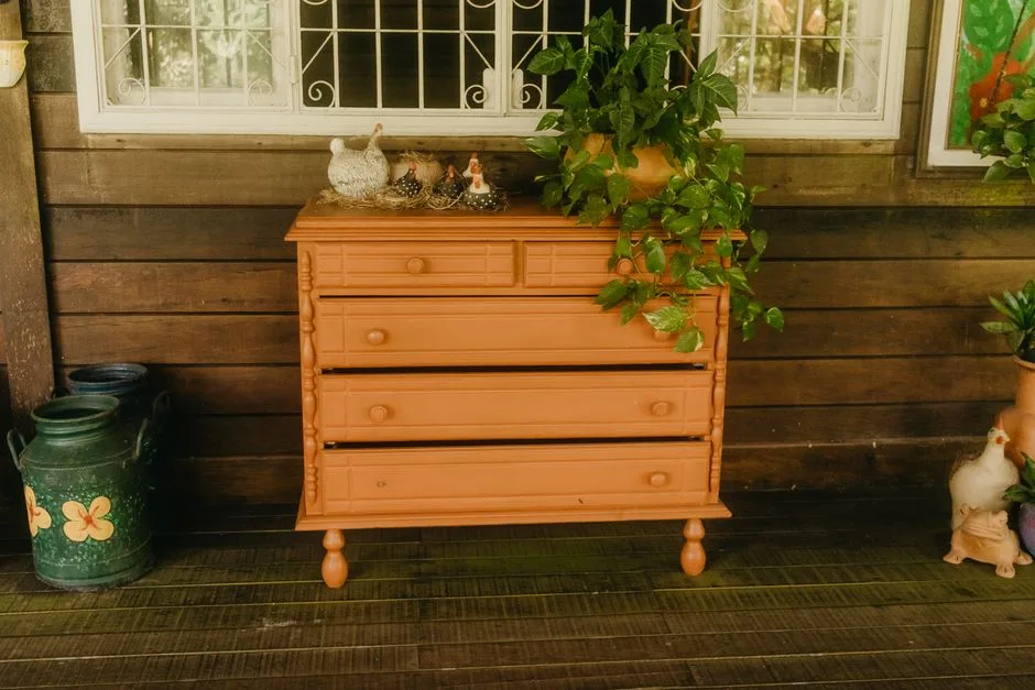 Wooden dresser painted orange with plants and ceramic hens, perfect for rustic decor.
