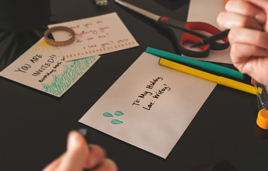 Artistic setup with homemade cards, envelops, and vibrant stationery for crafting.