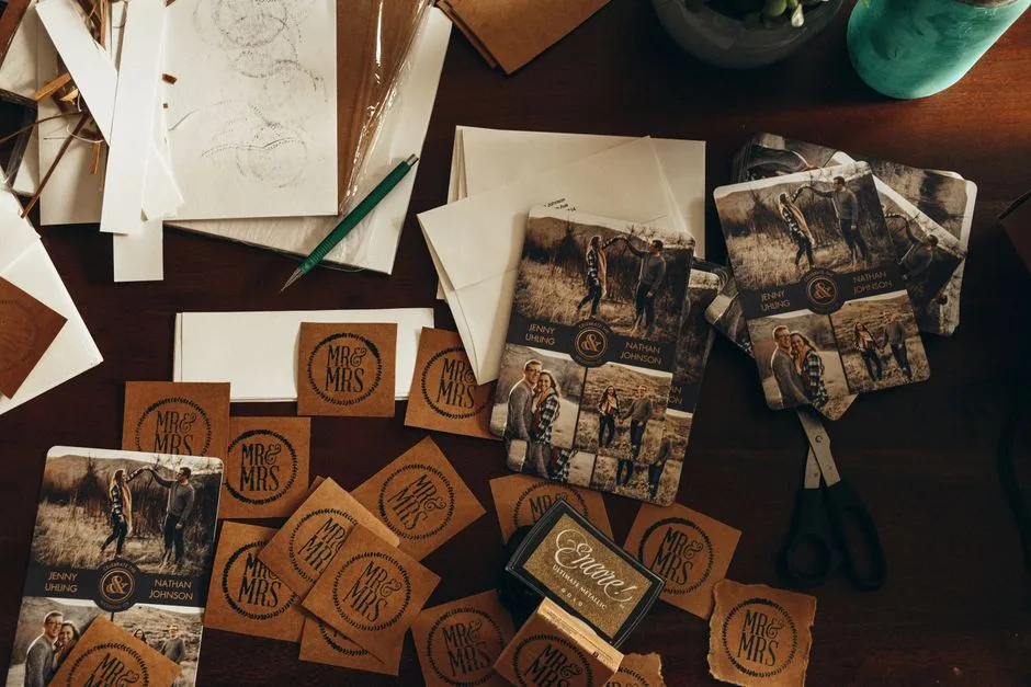 Flat lay of rustic wedding invitation set with photos and decorations on a wooden table.