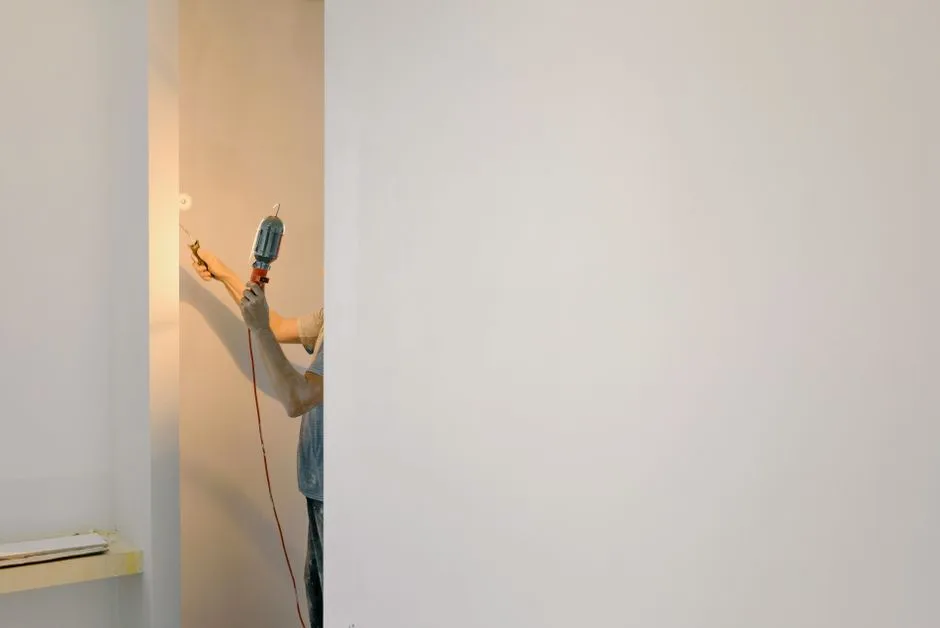 Crop faceless male holding lamp and paint roller while renovating walls at home