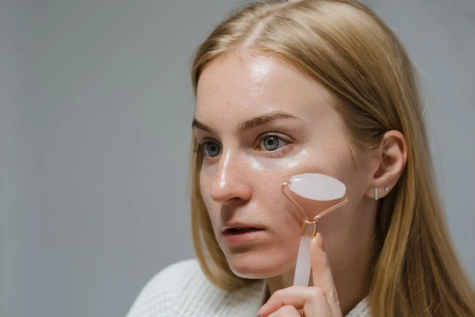 Close-up of a woman using a jade roller for her skincare routine, focusing on fresh skin and beauty care.