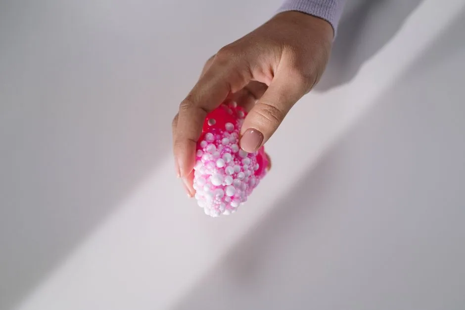 A hand gently holds a pink textured slime with small foam beads, showcasing tactile sensation.