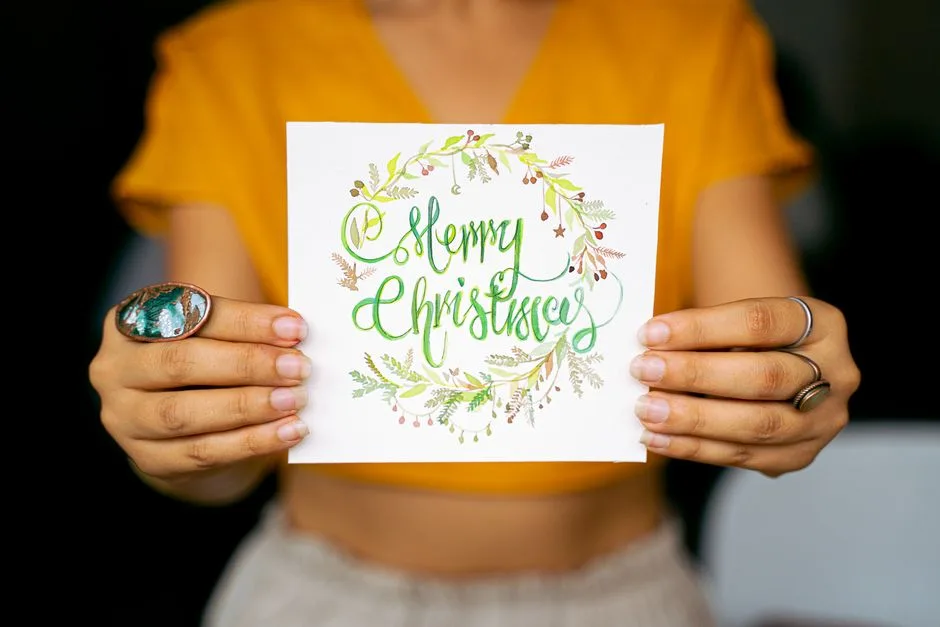 Bright and festive Christmas card held by hands against a blurred background.