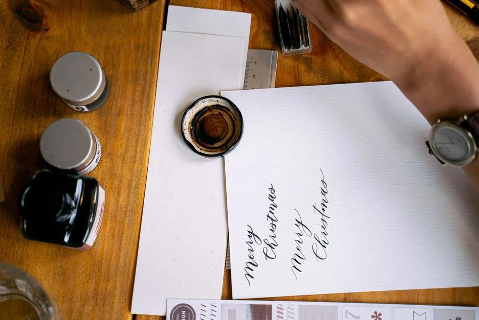 A close-up of writing Merry Christmas in calligraphy on a card, perfect for holidays.