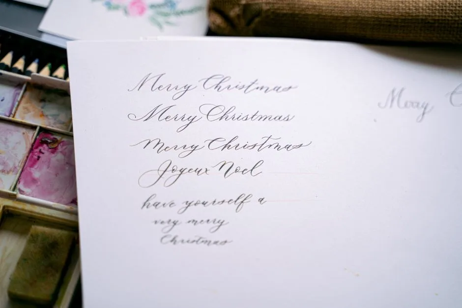 A close-up of beautifully handwritten Christmas and seasonal greetings in multiple styles.