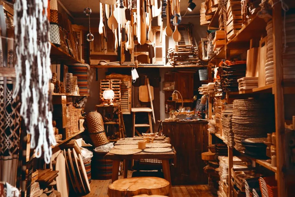 Explore a cozy shop filled with wooden crafts and home supplies.