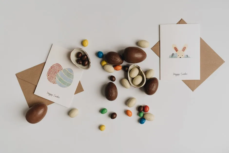 Flat lay arrangement of Easter chocolate eggs and greeting cards on a white background.