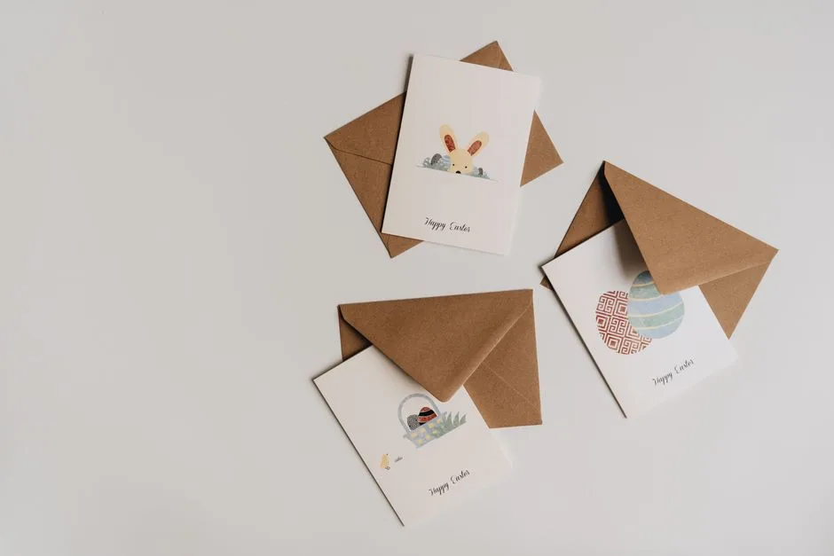 Top view of Easter greeting cards with envelopes featuring cute designs, providing perfect copy space.