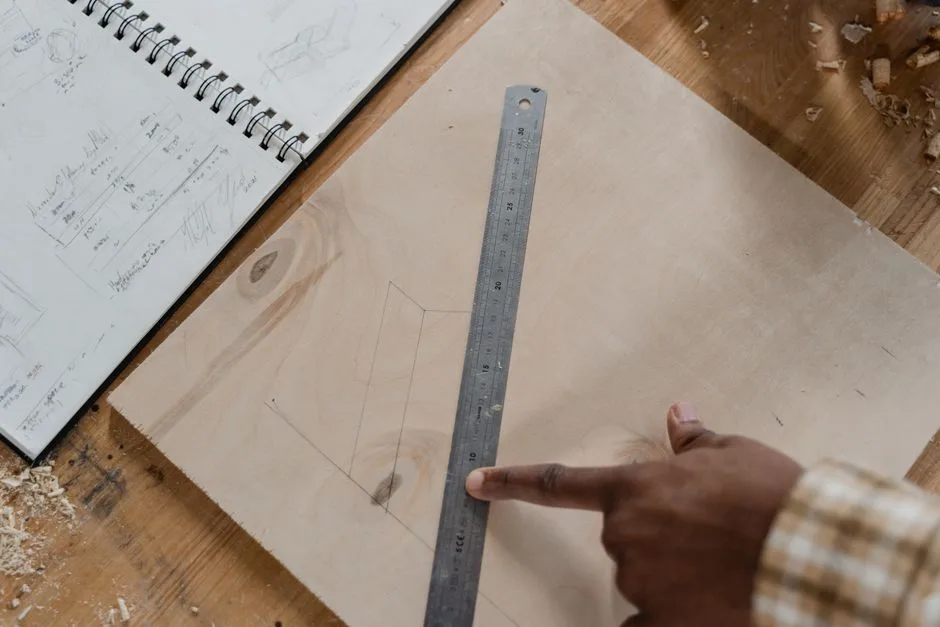 A craftsman uses a ruler to measure a wooden panel in a workshop, with a notebook nearby.