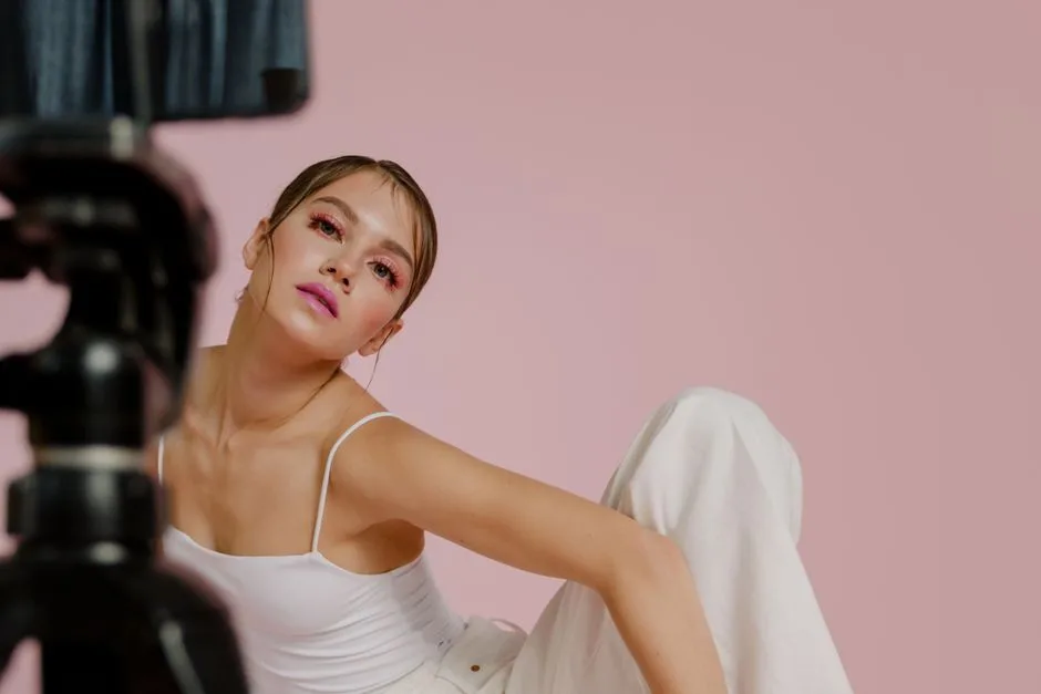Stylish studio portrait of a woman in a modern pose with soft pink makeup.