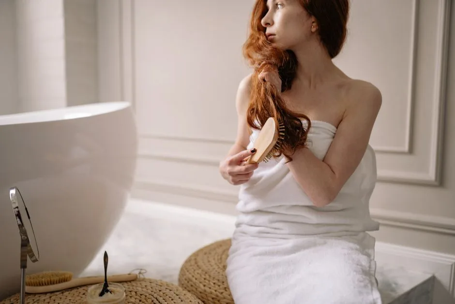 Woman wrapped in towel brushing hair in a modern indoor bathroom setting.