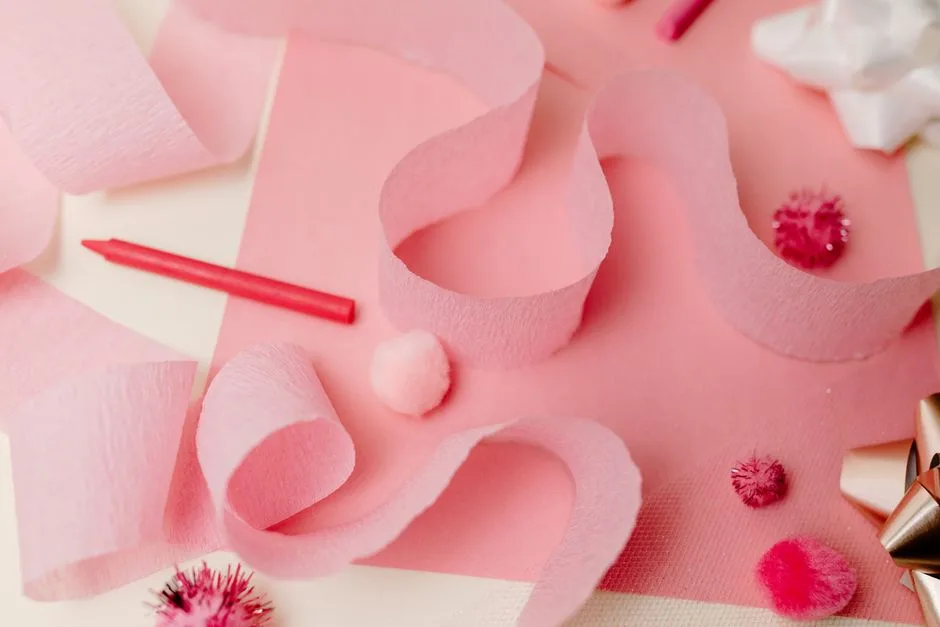 A flat lay of pink craft supplies including crepe paper and ribbon for a festive celebration.