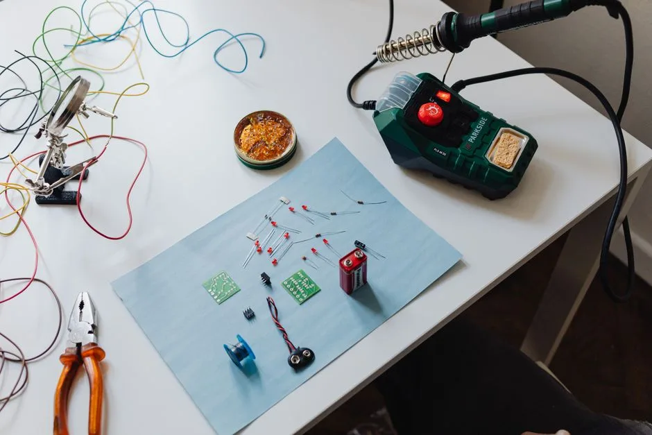 A workspace with a soldering station, tools, and electronic components ready for repair.