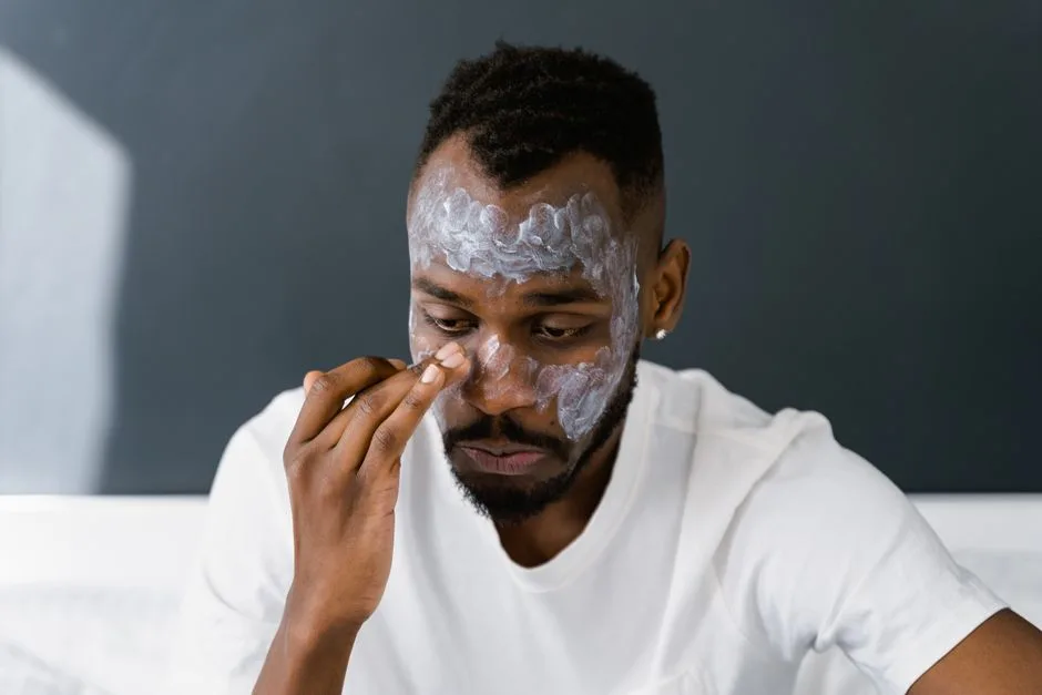 African American man applying facial cream, focusing on self-care and skin health.