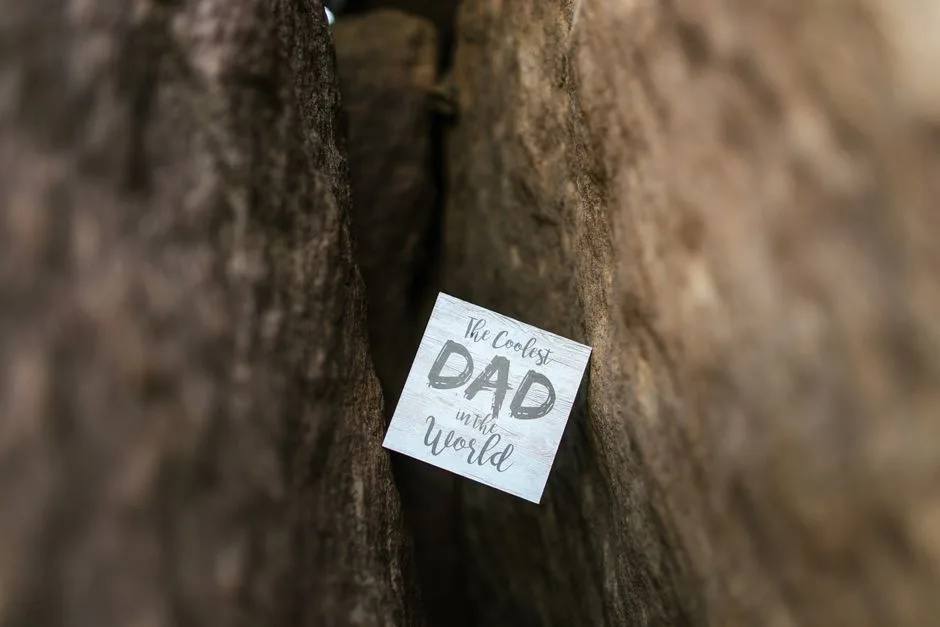 A Father's Day card with 'The Coolest Dad in the World' text in a tree crevice.