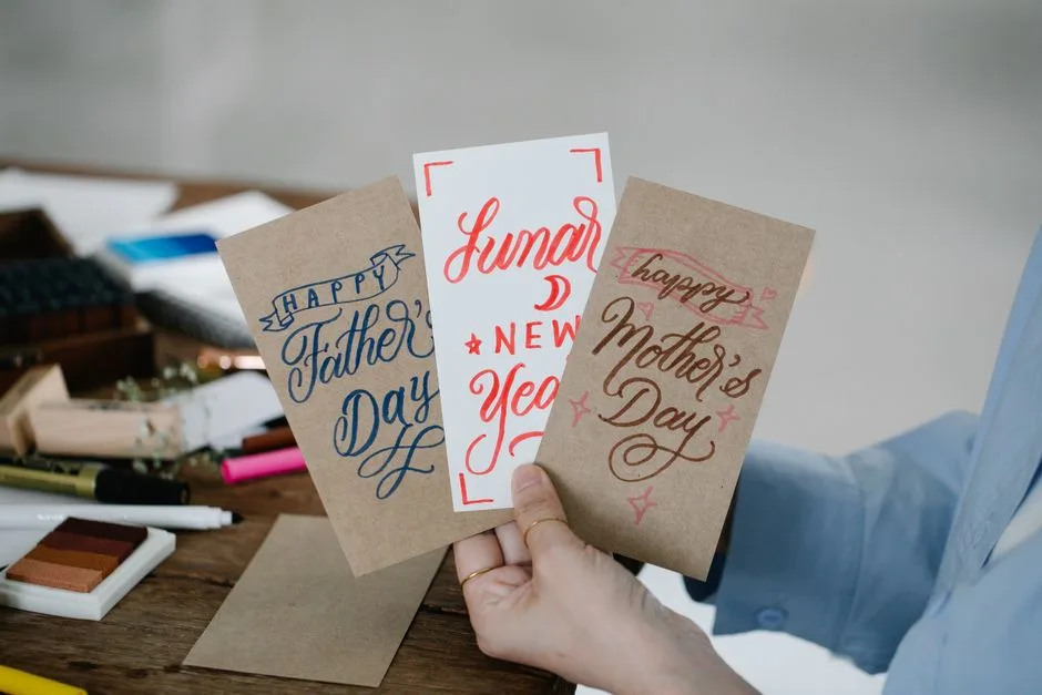 Close-up of handcrafted greeting cards for Father's Day, Mother's Day, and Lunar New Year.