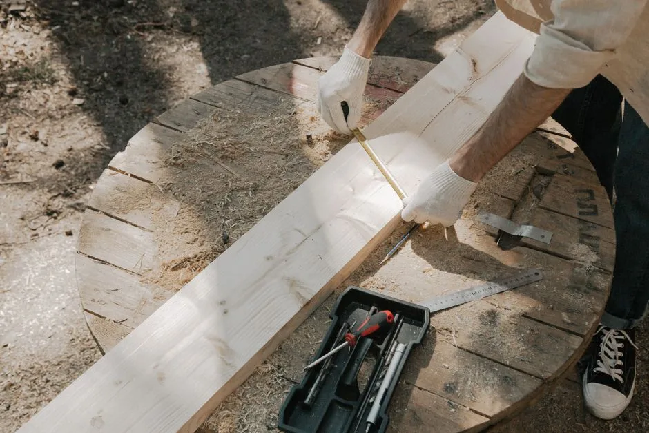 A carpenter in gloves measures a wooden plank on a round worktable with tools outdoors.