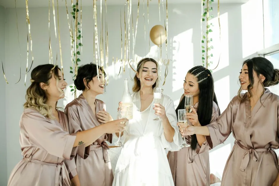 A group of bridesmaids in stylish robes celebrating with champagne indoors, creating a joyful and festive atmosphere.