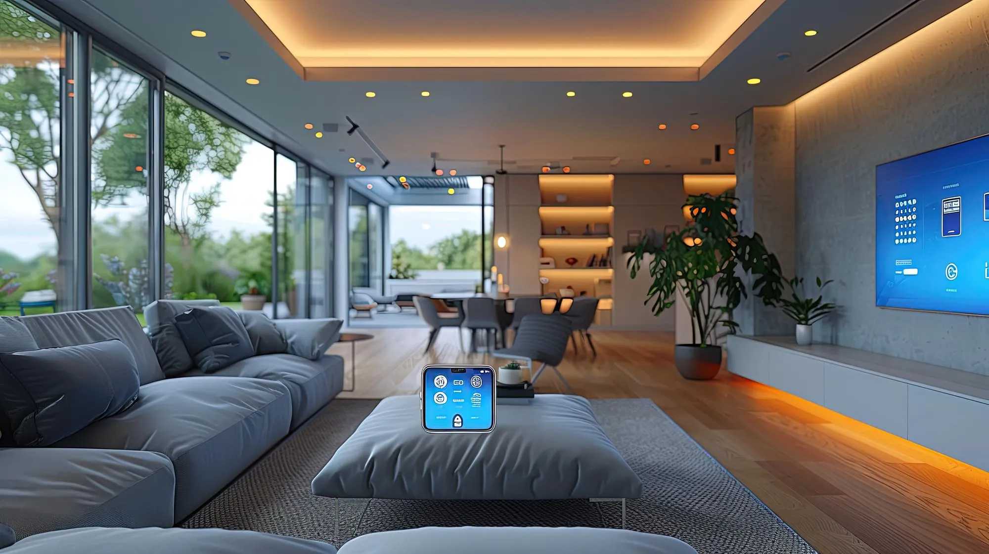 A smart home interior with a person holding a mobile phone displaying control icons for lighting