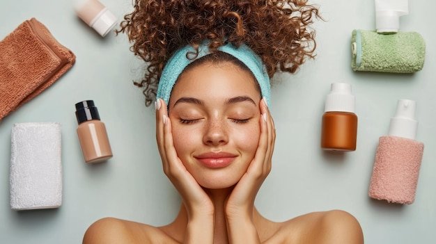 A young woman pampering herself with a manicure surrounded by beauty products embodying the idea of selfcare