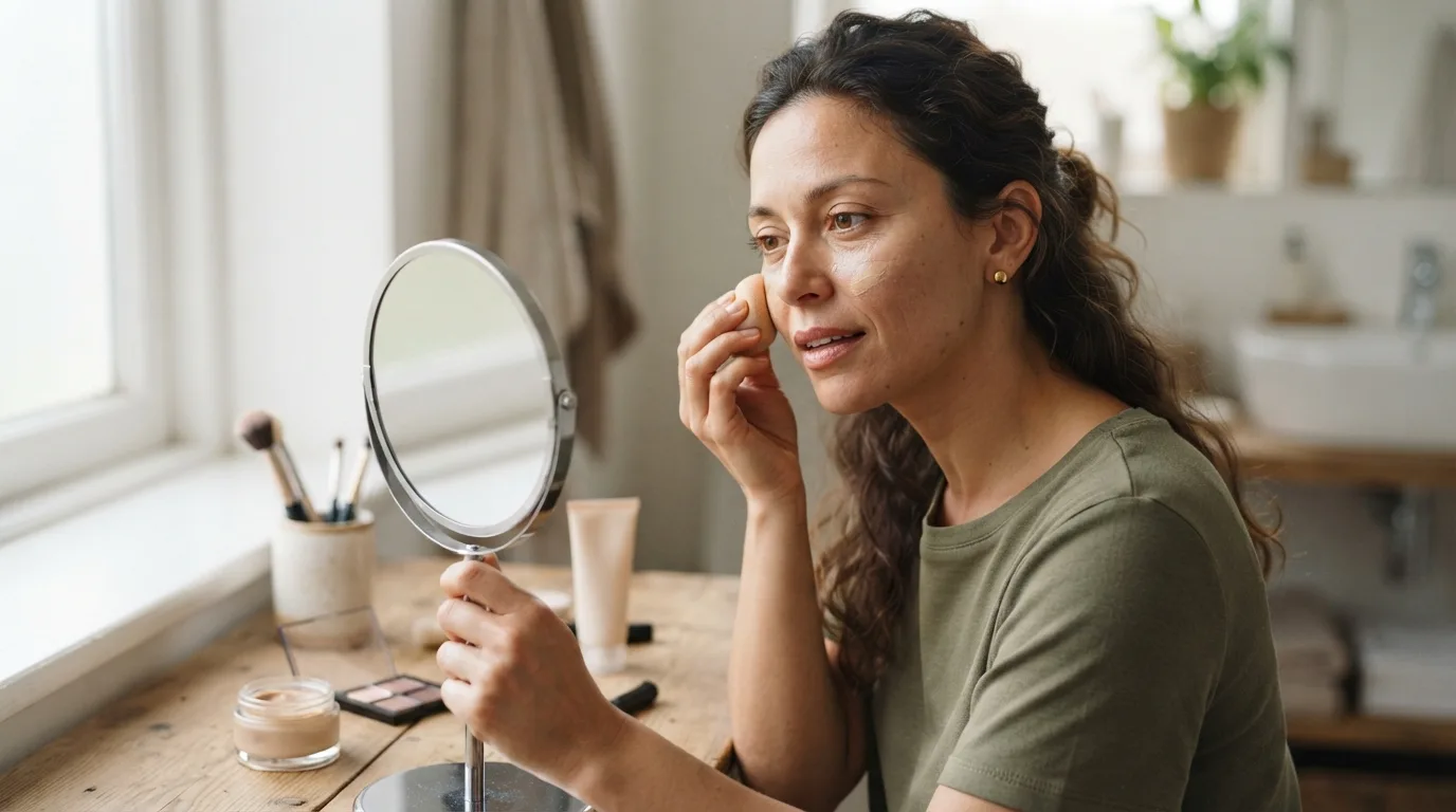 a woman applying makeup to her face