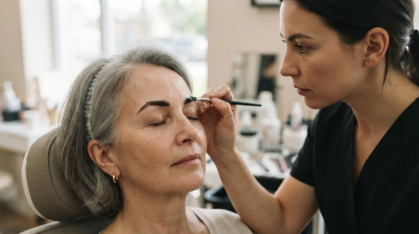 a woman with grey hair having her eyebrows tinted by a beautician